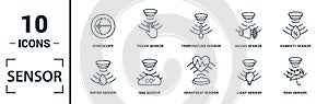 Sensor icon set. Include creative elements water quality sensor, smoke detector, gas, rain sensor, humidity sensor icons. Can be