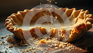 Sensory-driven visual of a pie crust being broken apart, capturing the fine crumbs and the rich aroma rising in warm light photo
