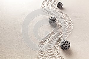 Sensory sand game. Modern zen garden concept. Top view