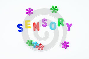 Sensory word and sensory toy for kid. Sensory training, fine motor skills, sensory integration, dysfunction and