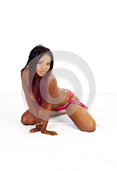 Sensual African American Woman Kneeling Pink Bikini