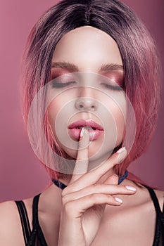 Fashion beauty portrait girl with pink hair and make-up , Glamour beautiful model in checker. Luxury fashionable style