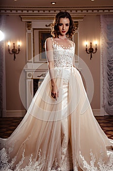 Sensual brunette bride in luxury wedding dress over classic interior