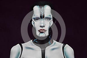 Sensual cyber woman with creative make-up. Technology and future concept. Isolated on a dark textured background.