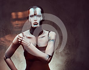 Sensual cyber woman with creative make-up. Technology and future concept. Isolated on a dark textured background.