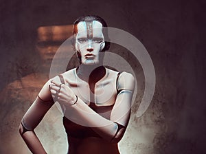 Sensual cyber woman with creative make-up. Technology and future concept. Isolated on a dark textured background.