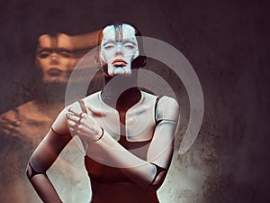 Sensual cyber woman with creative make-up. Technology and future concept. Isolated on a dark textured background.