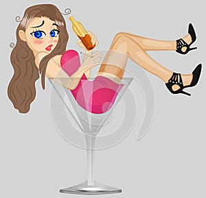 Sensual elegant glamour young drunk woman. Attractive drunk woman is lying in a giant glass. Sad Girl Suffering Of Hangover. Funny