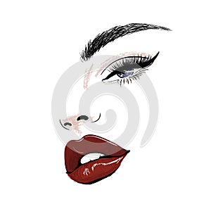 Sensual face with red juicy lips and eye art