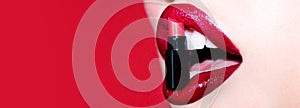 Sensual lips - on red isolated. Beauty trends. Beauty sensual lips. Perfect red lips makeup. Beautiful young woman