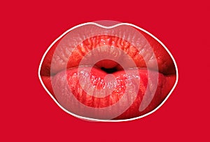 Sensual lips, sexy kiss. Womans lips kiss, close up isolated on red background. Isolated mouth.