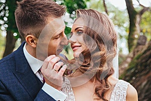 Sensual portrait of a young couple. Wedding photo outdoor