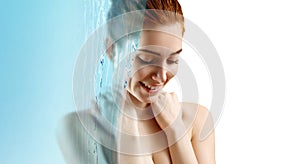Sensual redhead woman under water splash with fresh skin.