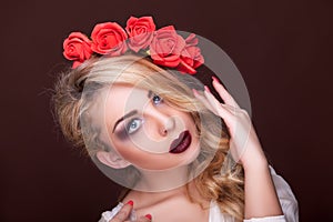 Sensual woman professional make up flowers in head