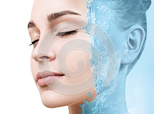 Sensual woman under water splash with fresh skin.