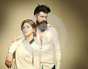 Sensual young couple making love. Couple in love. Barbershop concept. Fashion shot of couple after haircut. Woman on