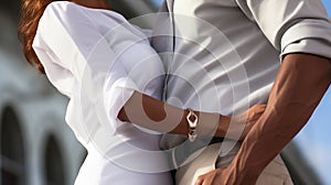 Sensual young couple in white clothes, hugging, dancing, and holding each other close. Generative AI