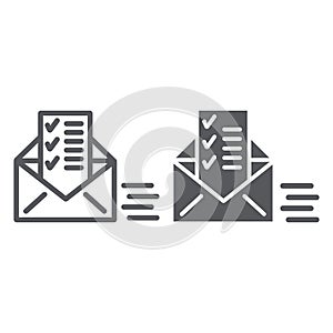 Sent document line and glyph icon, email and mail, envelope with list sign, vector graphics, a linear pattern on a white