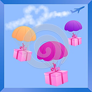 Sent with love, three gifts descend on parachutes. Vector.