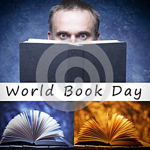 Sentence world book day, celebrated each year on April 23,books on wooden background. White man hides his face behind a book. Stu