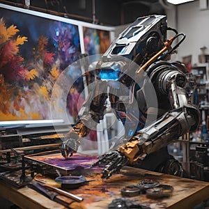 A sentient robot artist creating vibrant paintings with its own mechanical arms and brushes3