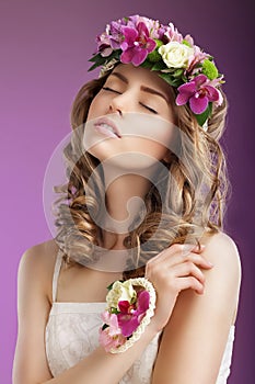 Sentiment. Imaginative Woman with Bouquet of Flowers Dreaming. Femininity