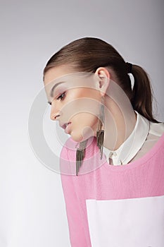Sentimental Dreamy Woman in Pink Blouse photo