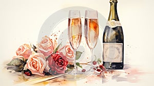 Sentimental Watercolor Anniversary Dinner with Champagne and Roses AI Generated