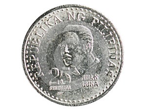 25 Sentimos redesigned seal coin, 1946~Today - Republic of the Philippines serie, 1981. Bank of Philippines. Obverse, issued on photo