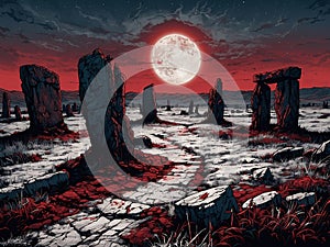 Sentinel Moon Over the Crimson Canyons, Low Hung Moon on a Red Sky, AI Generative