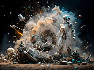 A Sentinel of Ruin A Futuristic Robot Stands Guard Over a Desolate Junkyard a Testament to Technological Decay photo