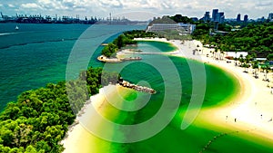 Sentosa Beach, Singapore. Aerial view of beach and coastline on a sunny day