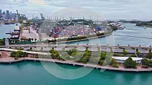 Sentosa Island, Singapore. Aerial view of cityscape and coastline