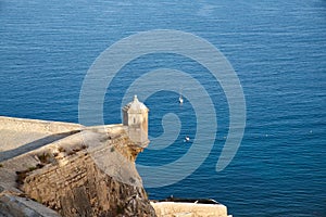 Sentry box in santa barbara castle with the sea. Alicante Spain