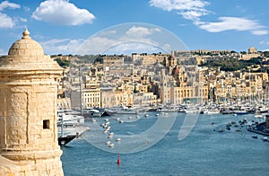 Sentry tower and view to Grand Harbour. Valletta, Malta