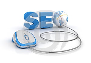 SEO 3D Word with Globe World and Computer Mouse