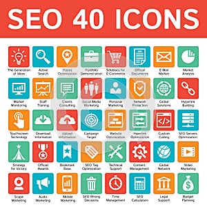 SEO 40 icons design set. Search engine optimization - concept vector sign for presentation, website, brochure. Advertising promo