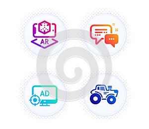 Seo adblock, Augmented reality and Employees messenger icons set. Tractor sign. Vector