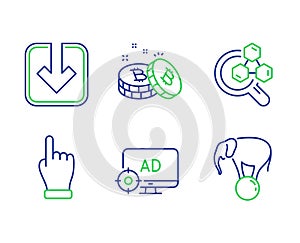 Seo adblock, Bitcoin and Chemistry lab icons set. Load document, Click hand and Elephant on ball signs. Vector