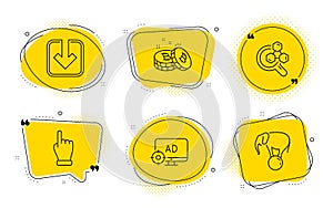 Seo adblock, Bitcoin and Chemistry lab icons set. Load document, Click hand and Elephant on ball signs. Vector