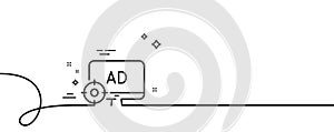 Seo adblock line icon. Search engine optimization sign. Continuous line with curl. Vector