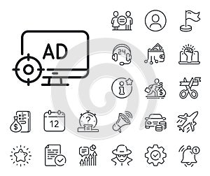 Seo adblock line icon. Search engine optimization sign. Salaryman, gender equality and alert bell. Vector