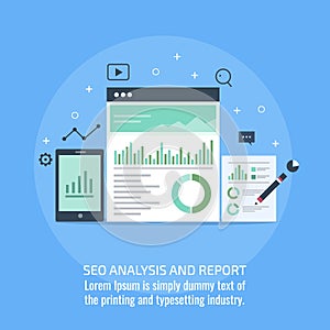 Seo analysis, business data and information, digital marketing report, seo audit, concept. Flat design vector banner.