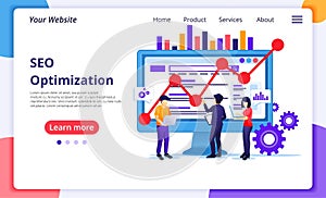 SEO Analysis concept with people work on screen. Search engine optimization, marketing and strategies. Modern flat web page design