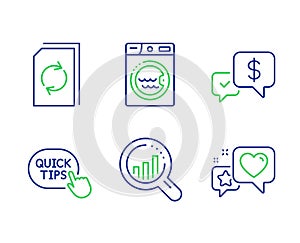 Seo analysis, Payment received and Update document icons set. Laundry, Quick tips and Heart signs. Vector