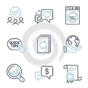 Seo analysis, Payment received and Update document icons set. Laundry, Quick tips and Heart signs. Vector