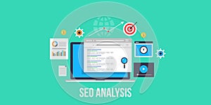 Seo analysis - website seo - website analysis. Flat design seo banner.