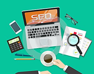 SEO analytics concept on workdesk vector, search engine optimization research