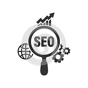 Seo analytics icon in flat style. Social media vector illustration on white isolated background. Search analysis business concept