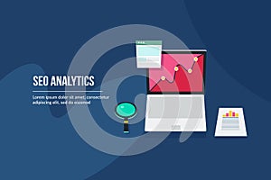 Seo analytics, search marketing data on laptop screen, with business report document,website and magnifying glass, design concept.